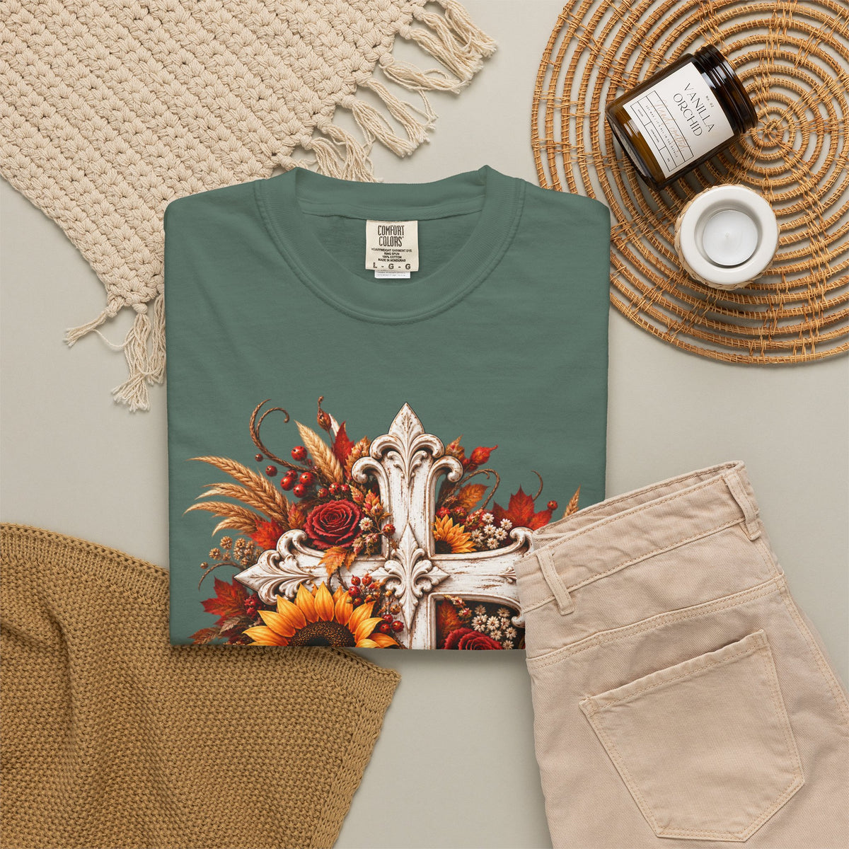 Autumn Harvest Cross and Sunflower T-Shirt