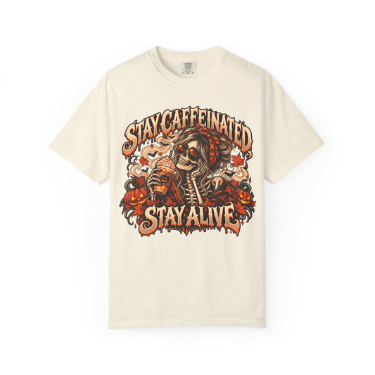 Stay Caffeinated Stay Alive Hers T-Shirt — Skeleton Coffee Graphic Tee