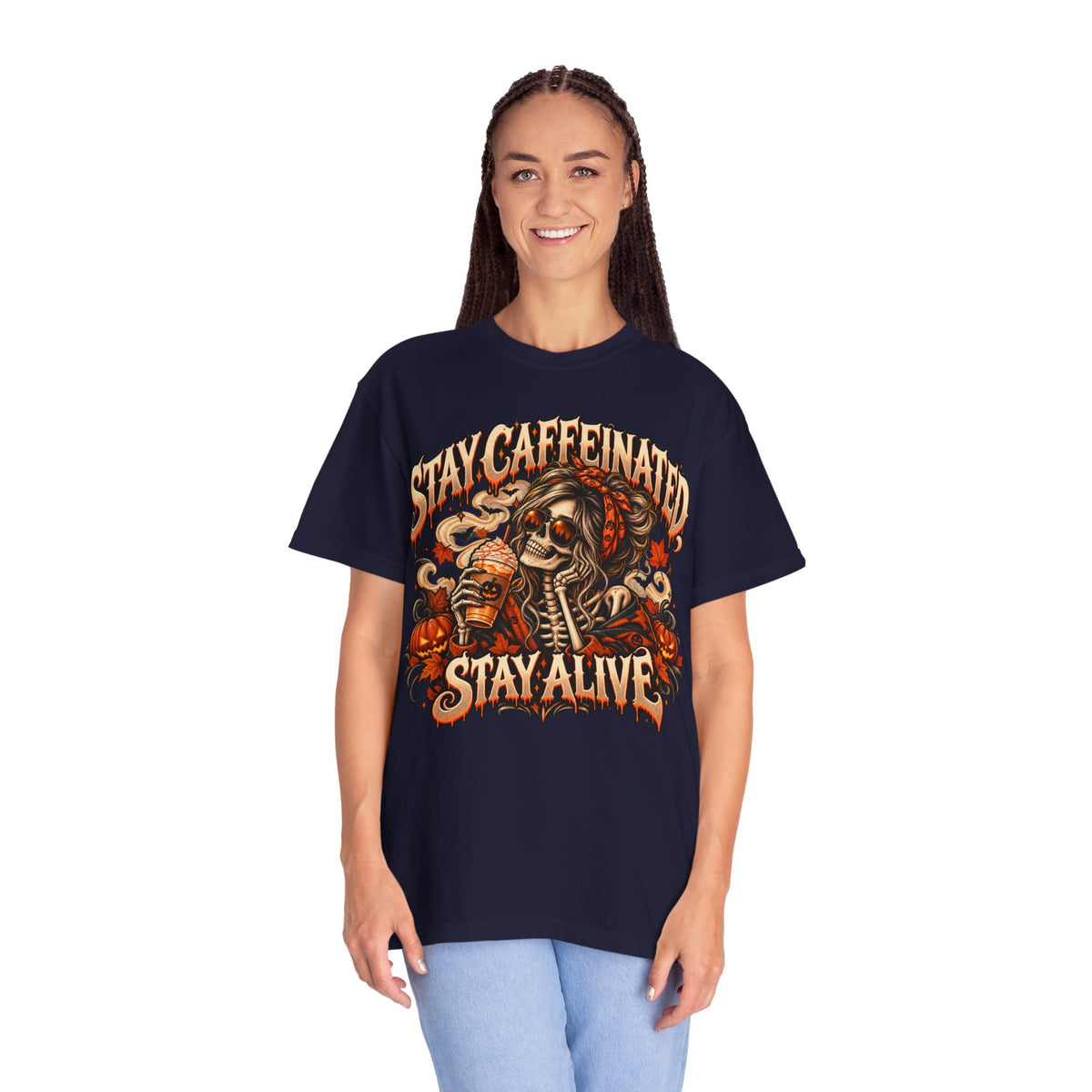 Stay Caffeinated Stay Alive Hers T-Shirt — Skeleton Coffee Graphic Tee