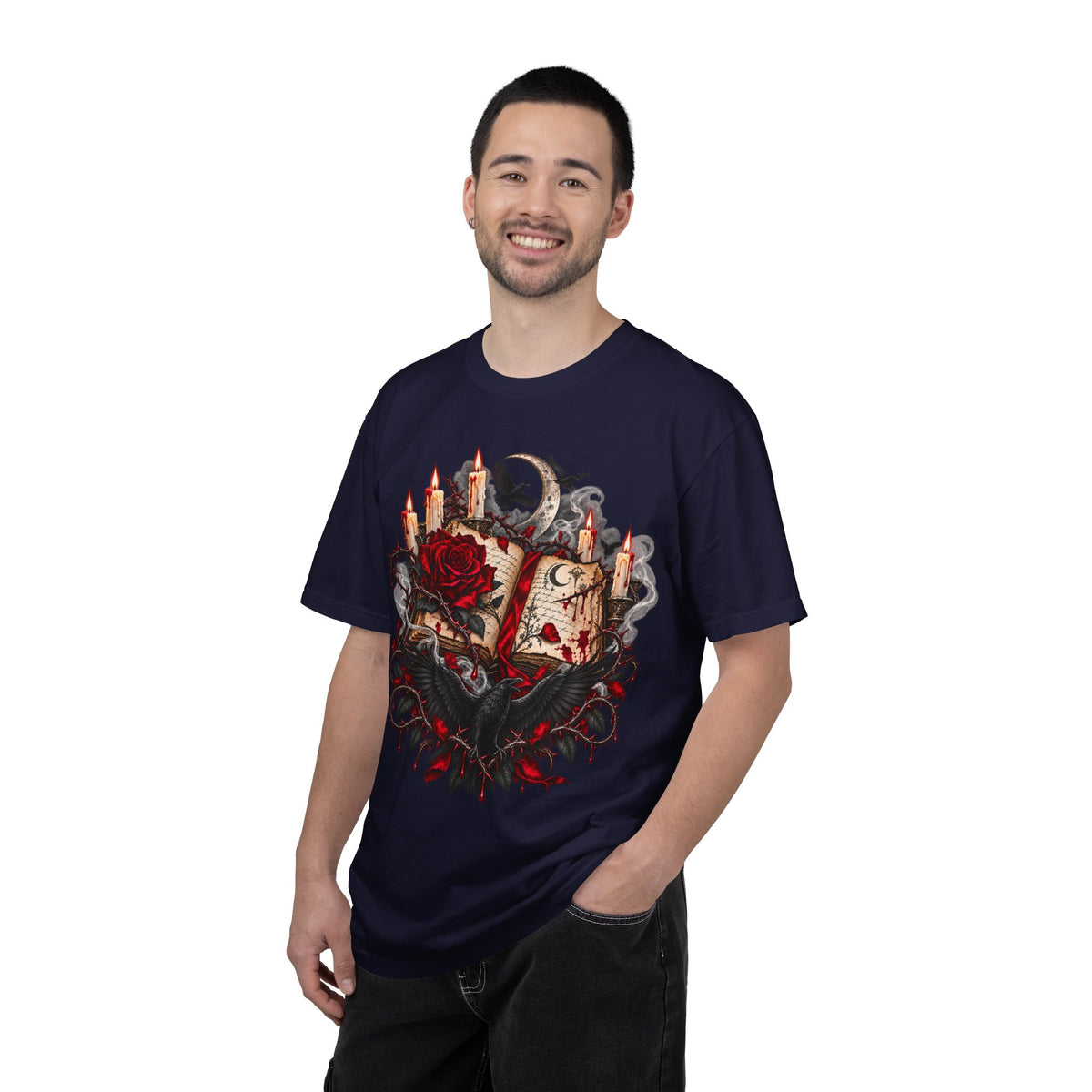 Occult Grimoire T-Shirt — Witchy Book, Rose & Candle Gothic Tee