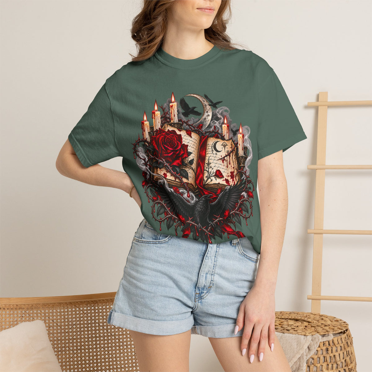 Occult Grimoire T-Shirt — Witchy Book, Rose & Candle Gothic Tee