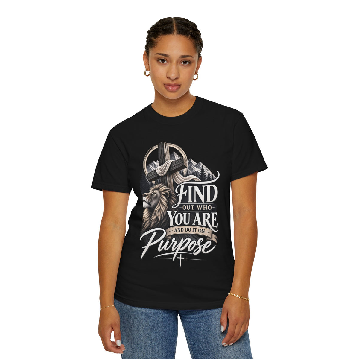Find Out Who You Are Purpose T-Shirt — Inspirational Christian Mountain & Cross Tee