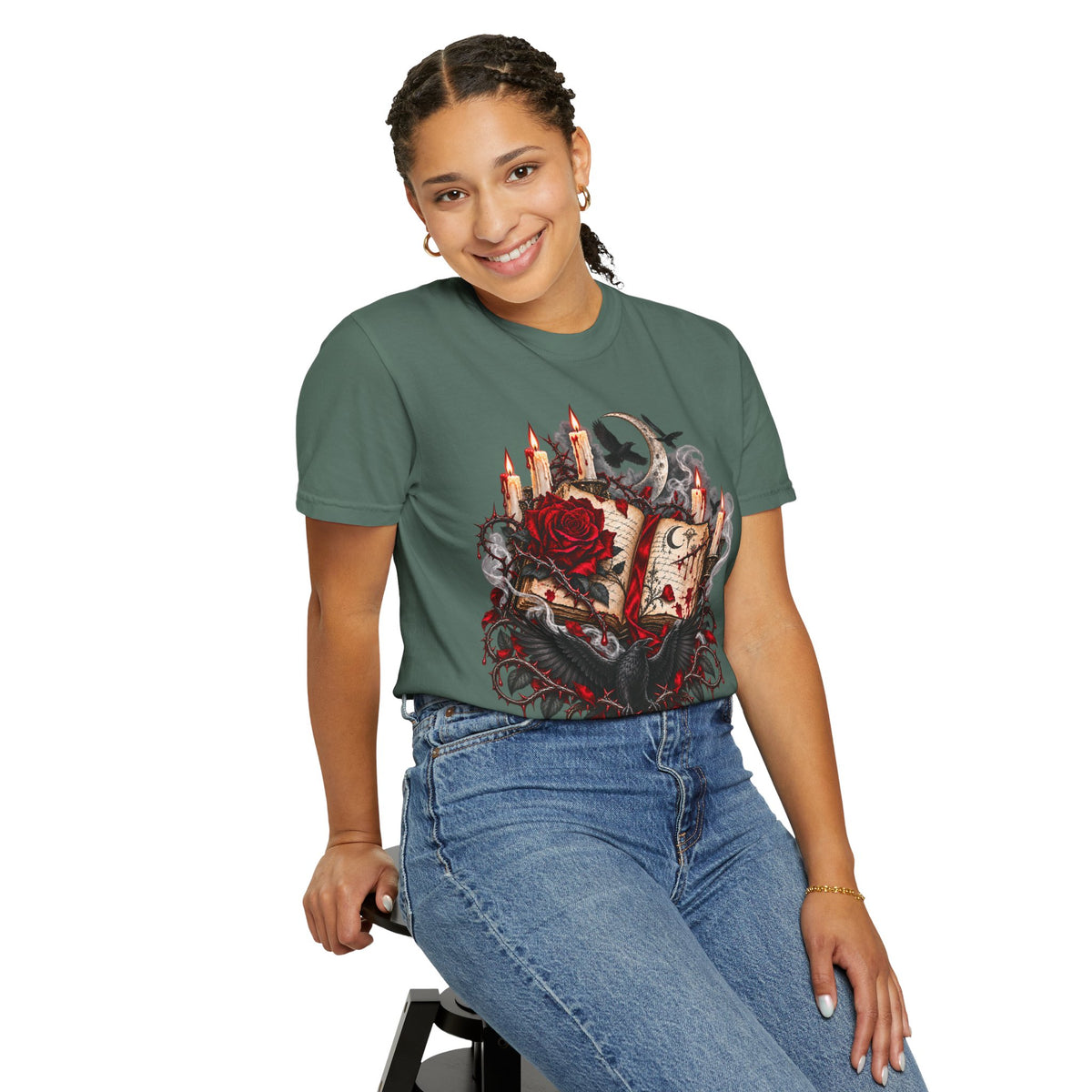 Gothic Spellbook Tee — Rose, Candles & Raven Graphic T-Shirt