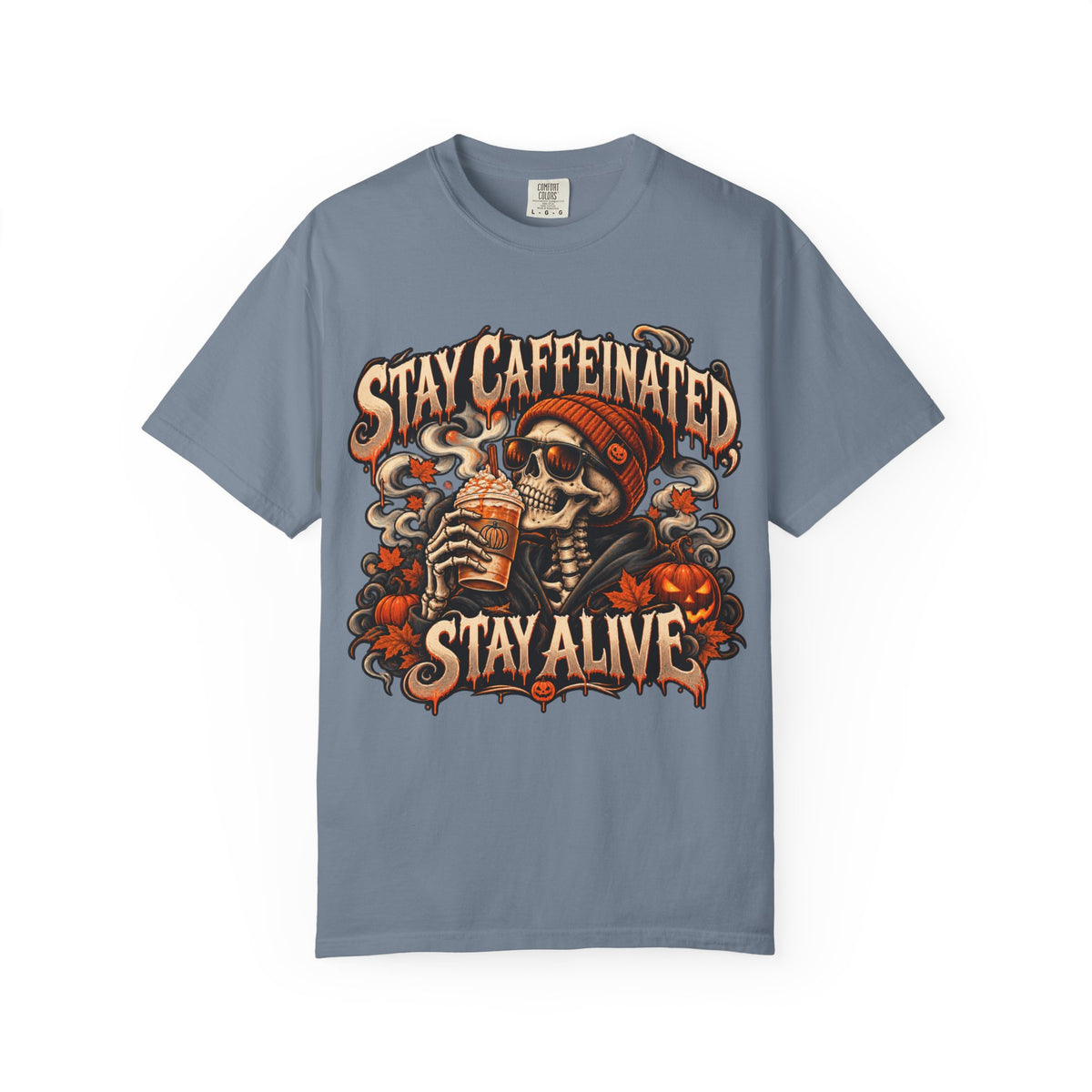 Stay Caffeinated Stay Alive skull sipping coffee HIS T-Shirt | Halloween coffee tee