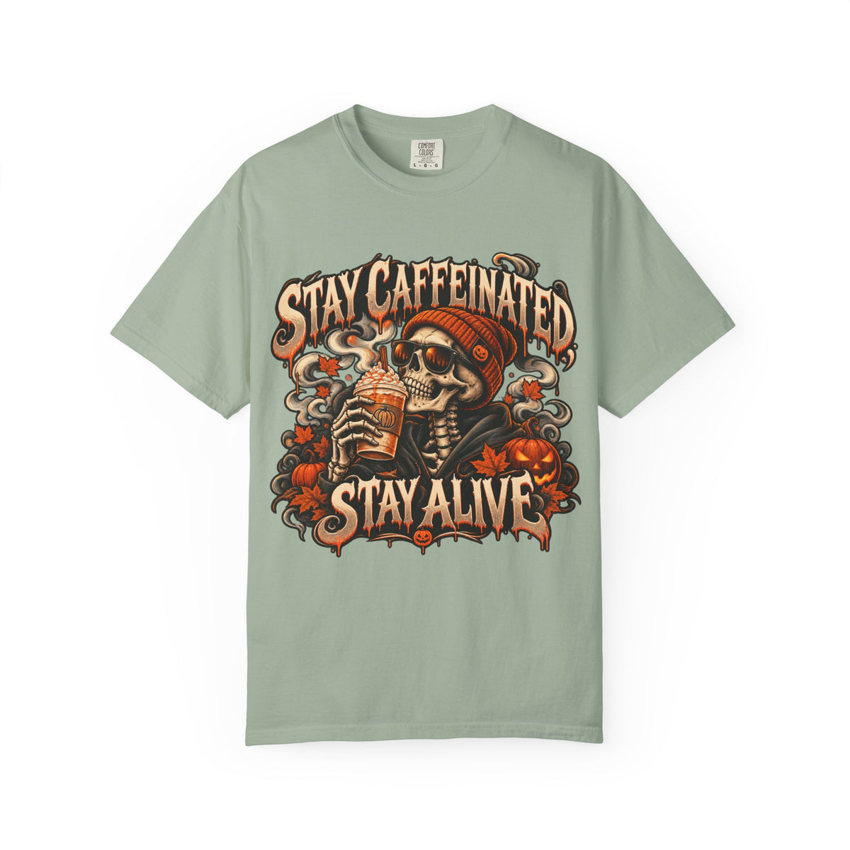 Stay Caffeinated Stay Alive skull sipping coffee HIS T-Shirt | Halloween coffee tee