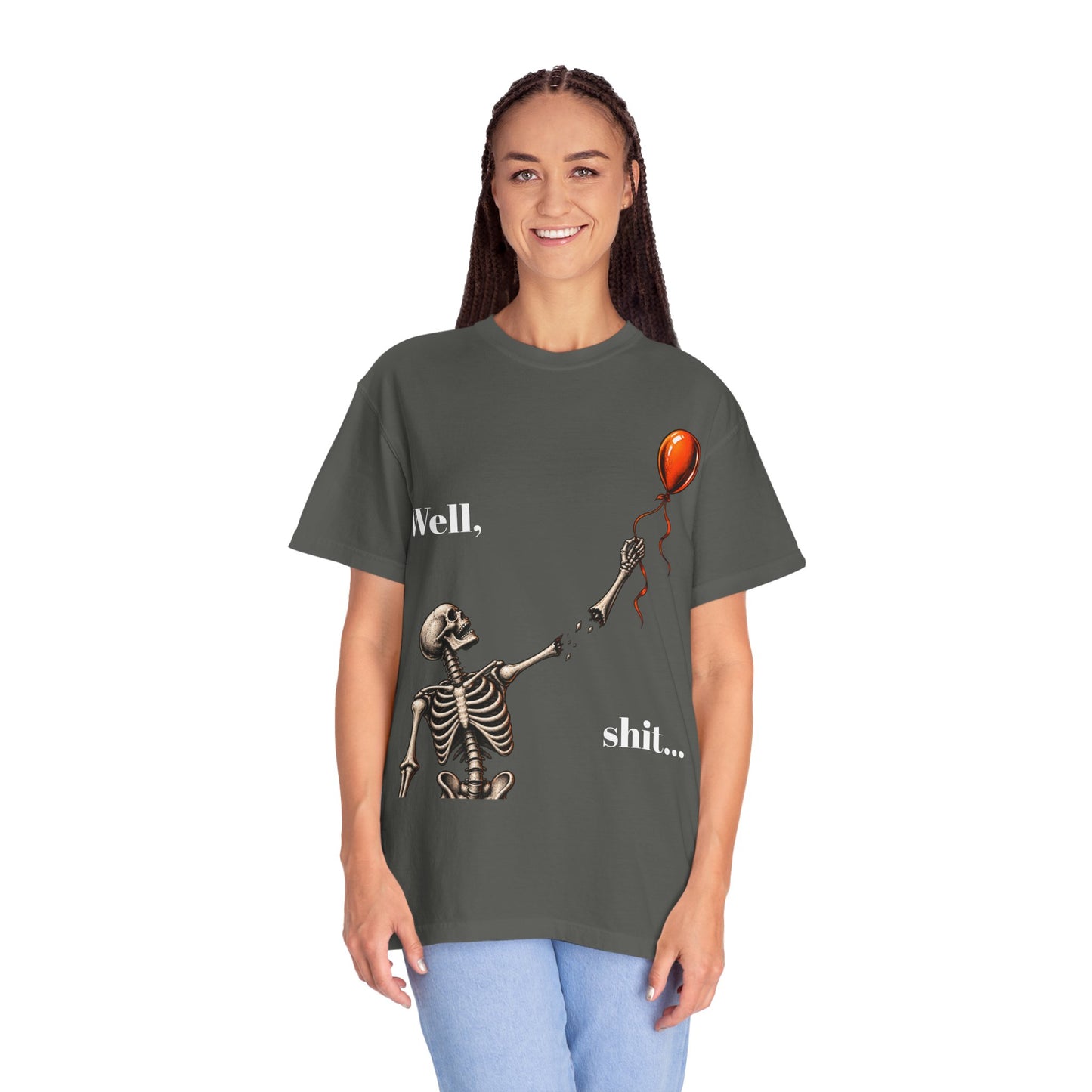 Skeleton & Balloon T-Shirt — “Well, shit...” Funny Goth Graphic Tee