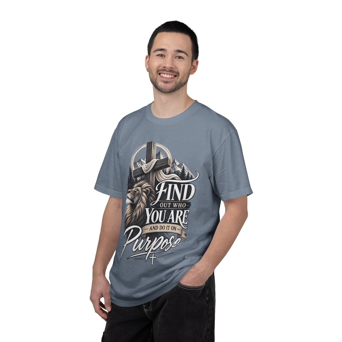Find Out Who You Are Purpose T-Shirt — Inspirational Christian Mountain & Cross Tee