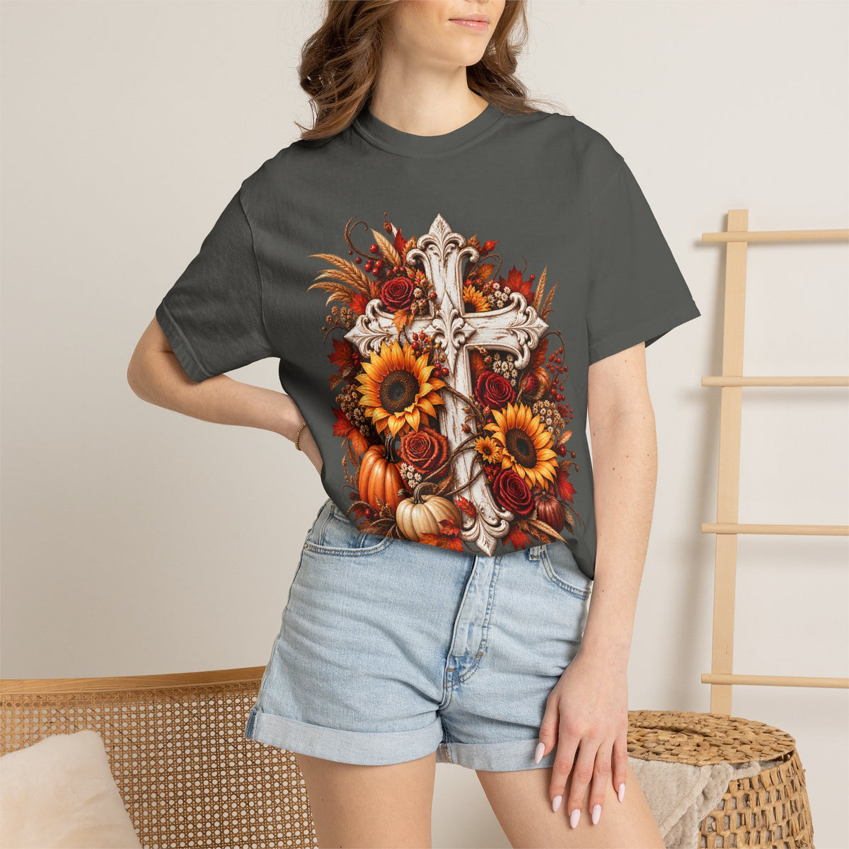 Autumn Harvest Cross and Sunflower T-Shirt