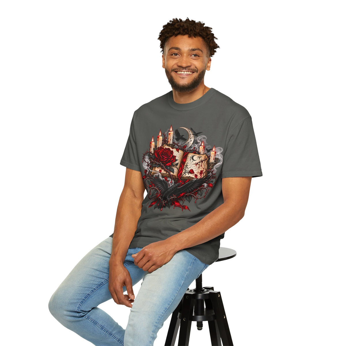 Gothic Spellbook Tee — Rose, Candles & Raven Graphic T-Shirt