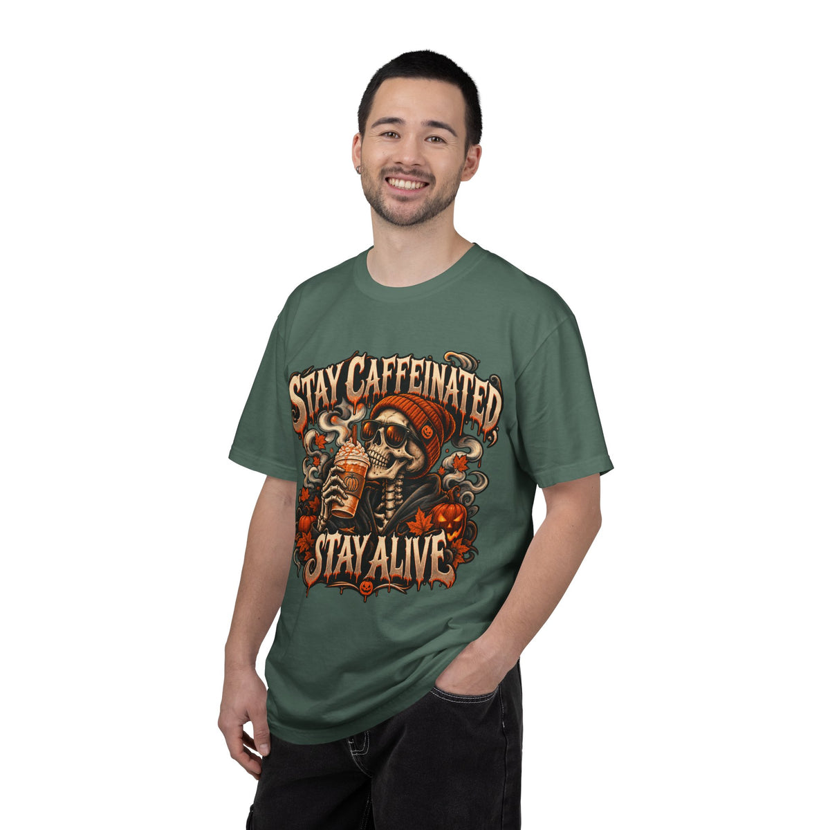Stay Caffeinated Stay Alive skull sipping coffee HIS T-Shirt | Halloween coffee tee