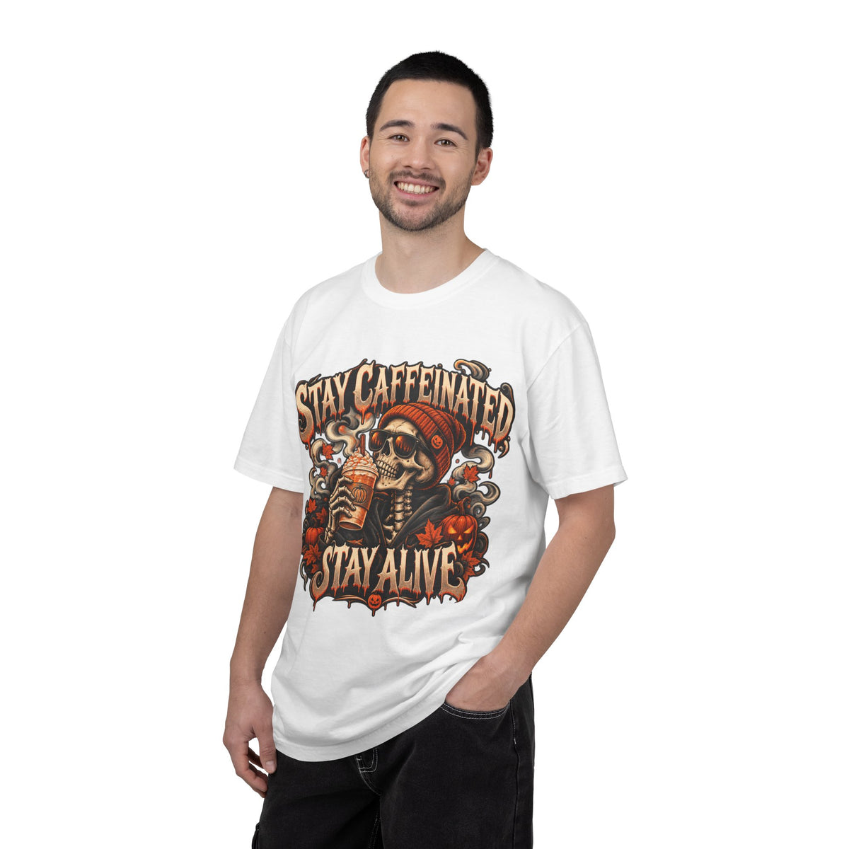 Stay Caffeinated Stay Alive skull sipping coffee HIS T-Shirt | Halloween coffee tee