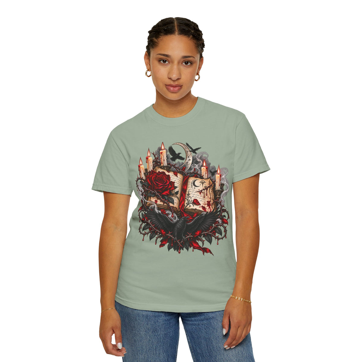 Occult Grimoire T-Shirt — Witchy Book, Rose & Candle Gothic Tee