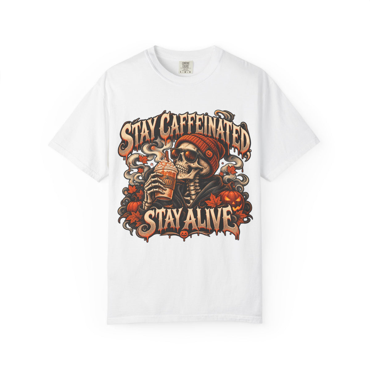 Stay Caffeinated Stay Alive skull sipping coffee HIS T-Shirt | Halloween coffee tee