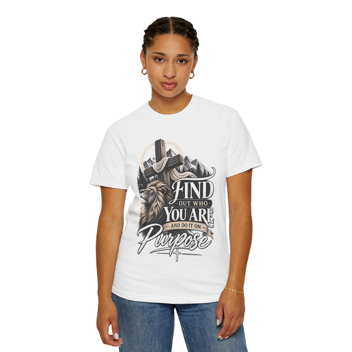Find Out Who You Are Purpose T-Shirt — Inspirational Christian Mountain & Cross Tee