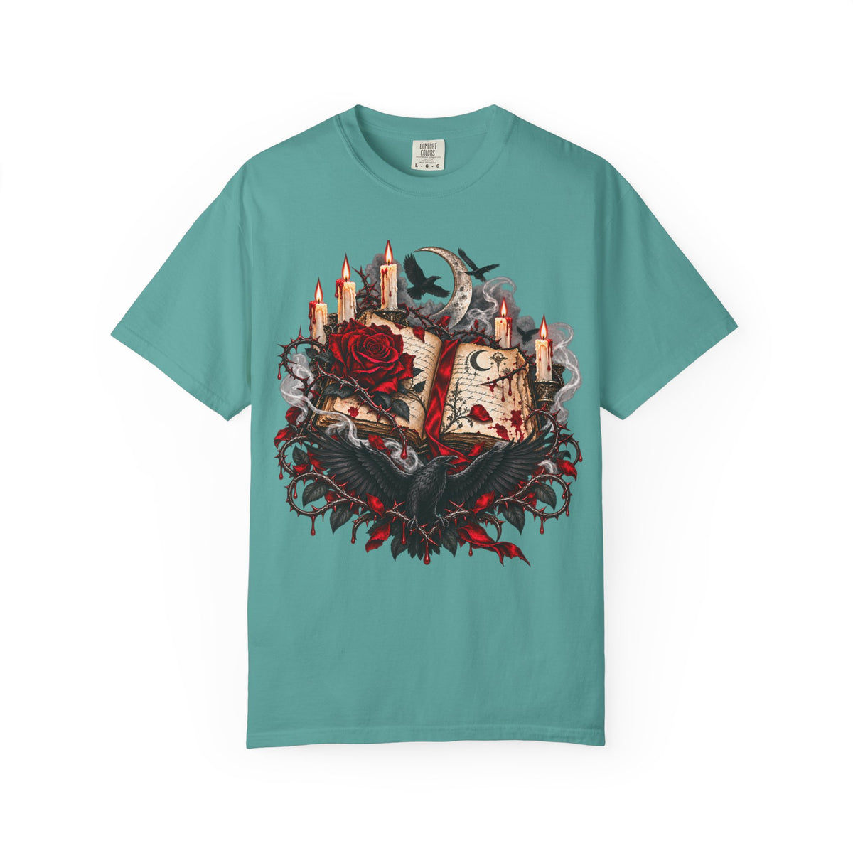 Occult Grimoire T-Shirt — Witchy Book, Rose & Candle Gothic Tee