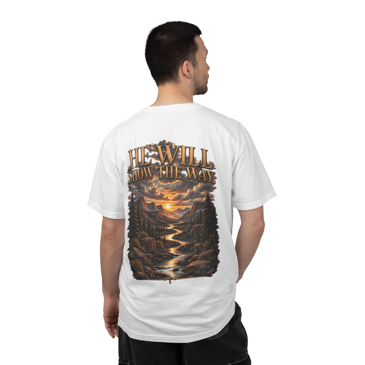 Psalm 23 Compass T-Shirt — "He Will Show The Way" Scenic Graphic Tee