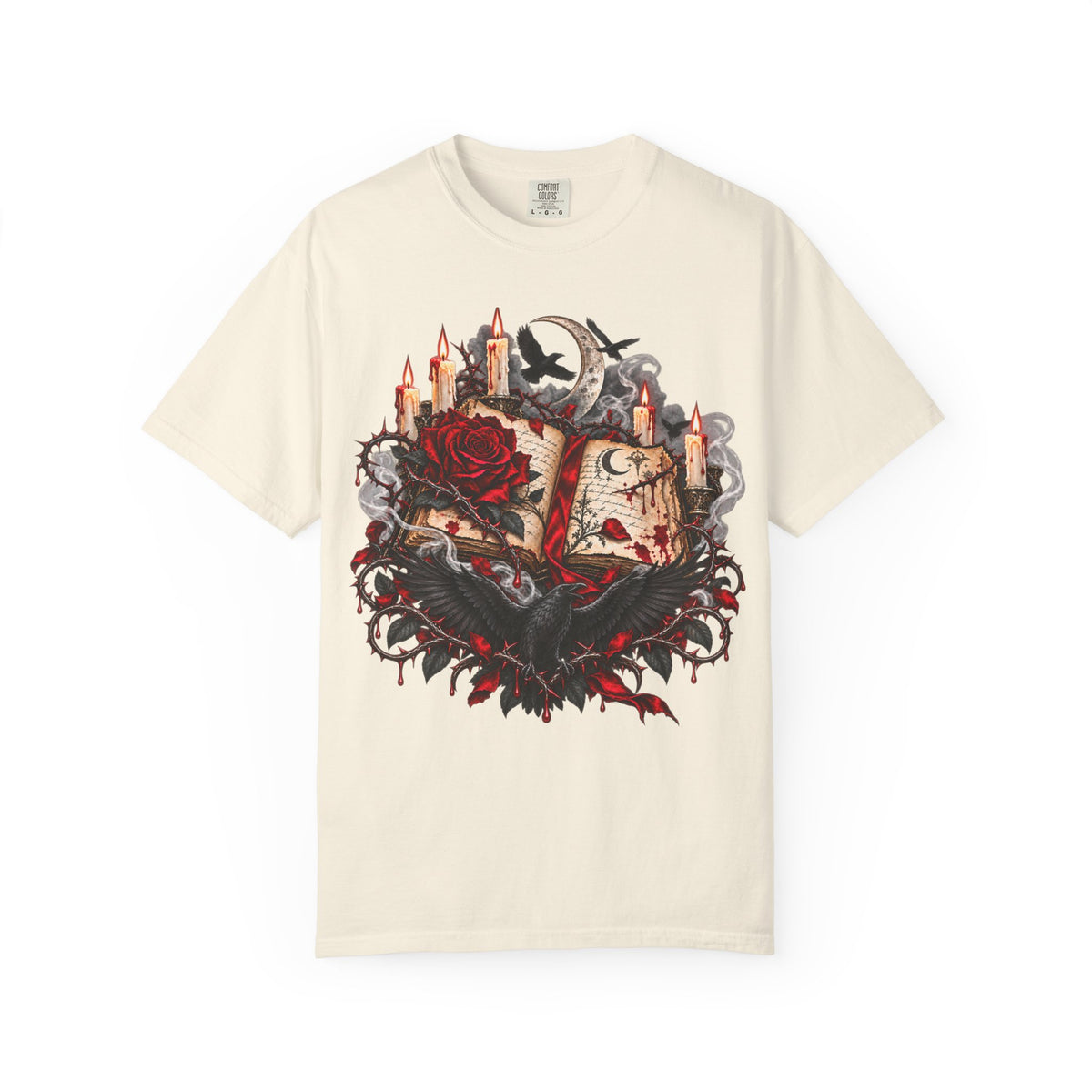 Occult Grimoire T-Shirt — Witchy Book, Rose & Candle Gothic Tee