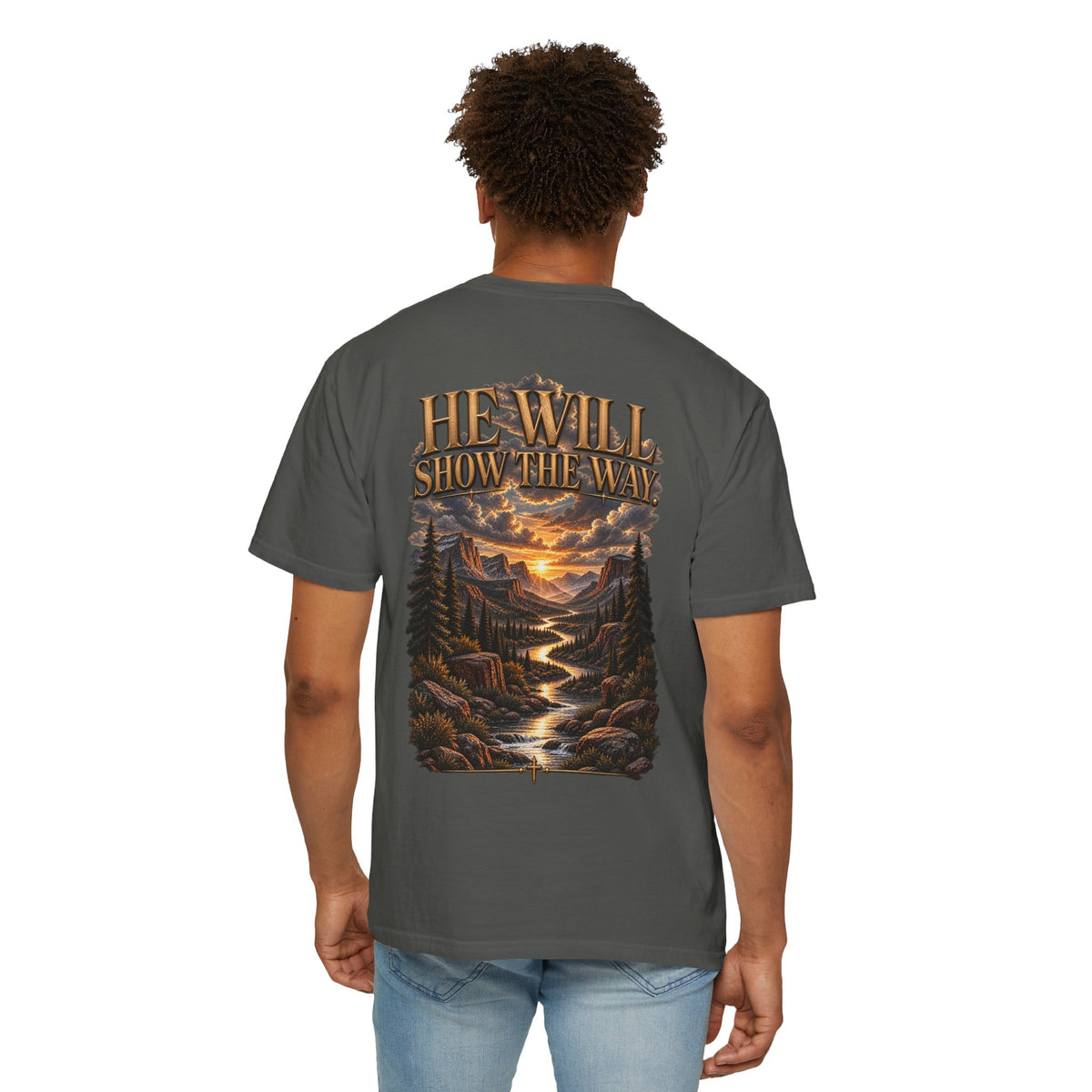 Psalm 23 Compass T-Shirt — "He Will Show The Way" Scenic Graphic Tee