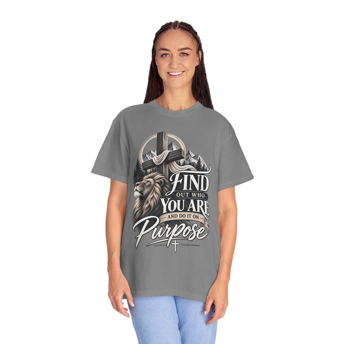 Find Out Who You Are Purpose T-Shirt — Inspirational Christian Mountain & Cross Tee