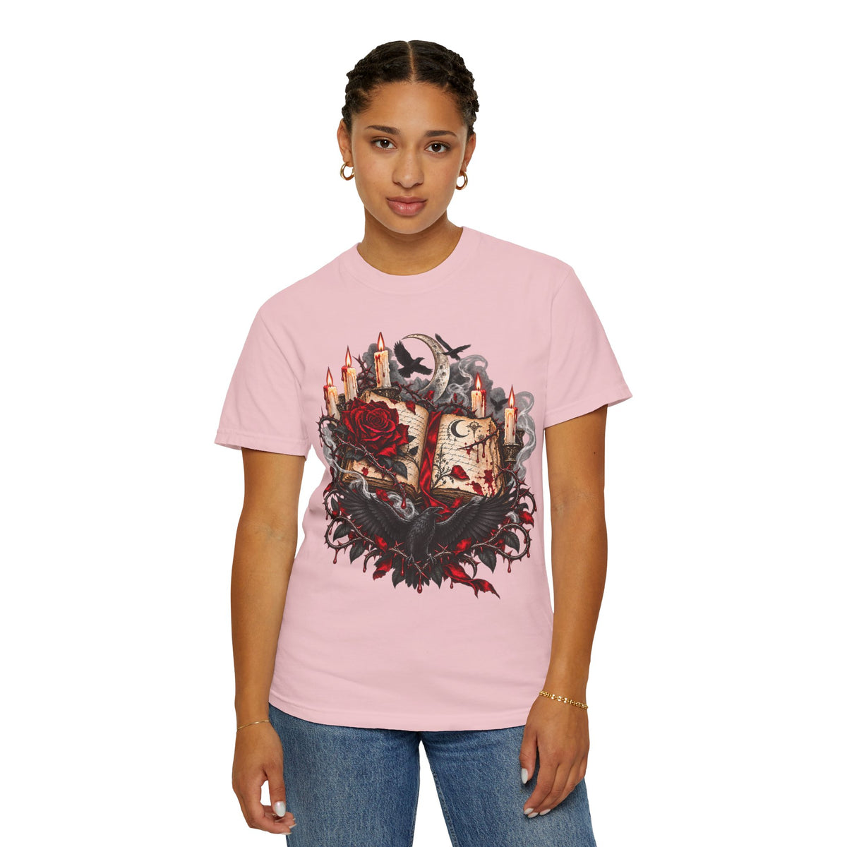 Occult Grimoire T-Shirt — Witchy Book, Rose & Candle Gothic Tee