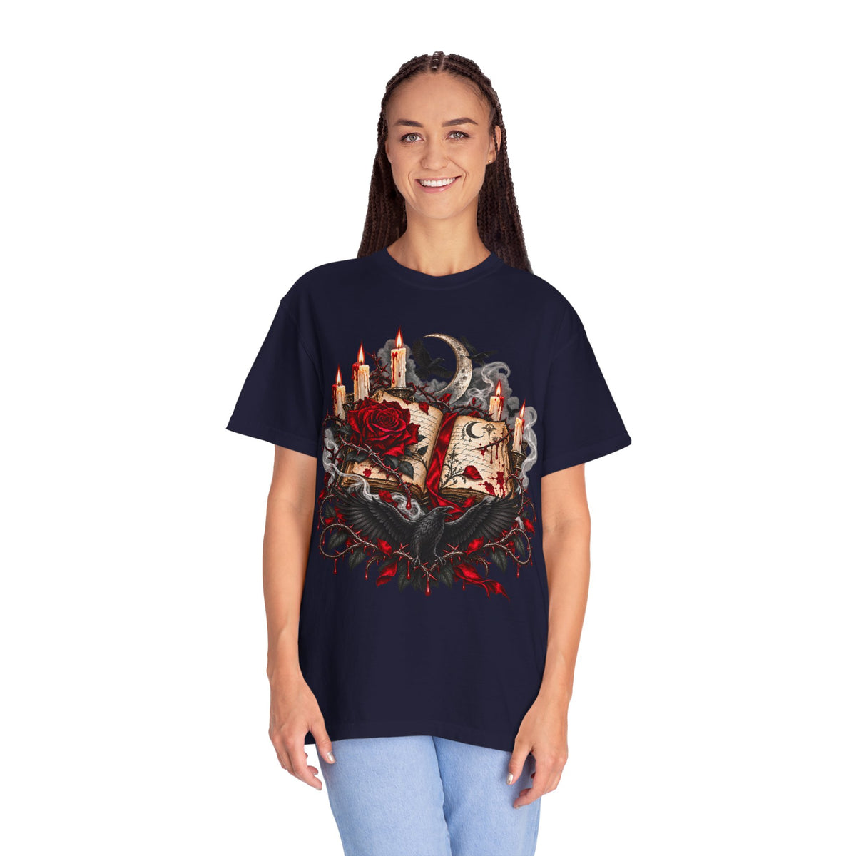 Gothic Spellbook Tee — Rose, Candles & Raven Graphic T-Shirt