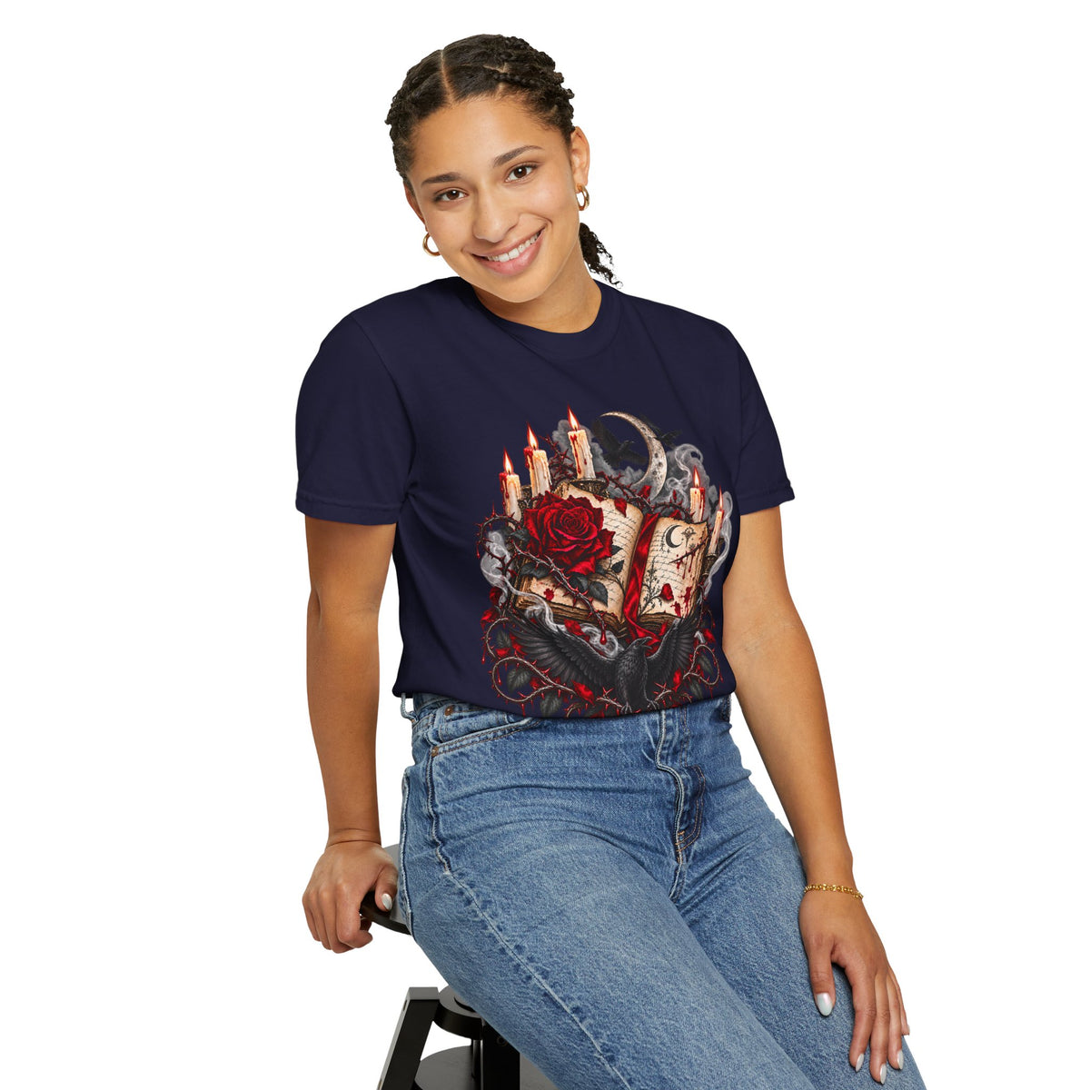 Gothic Spellbook Tee — Rose, Candles & Raven Graphic T-Shirt