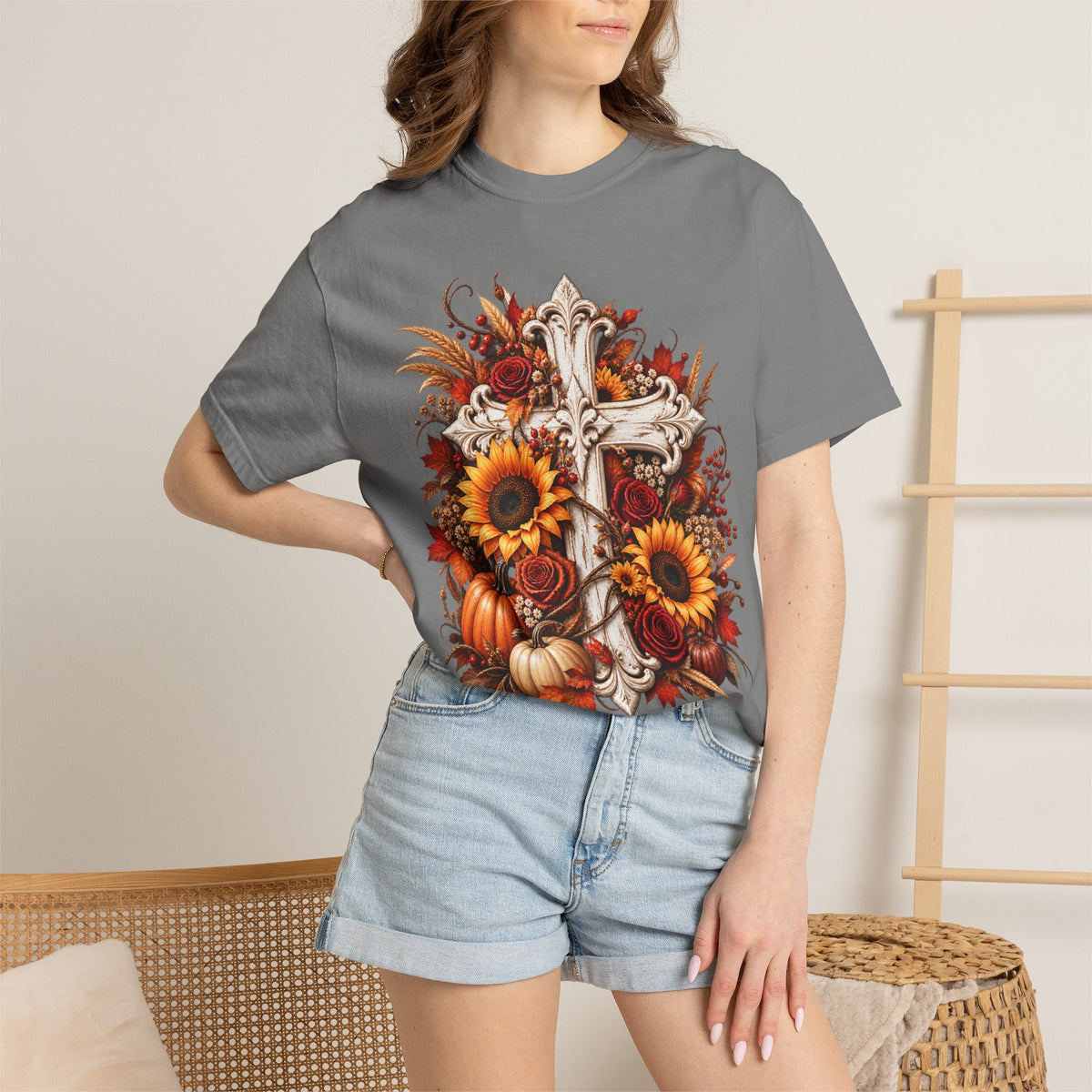 Autumn Harvest Cross and Sunflower T-Shirt