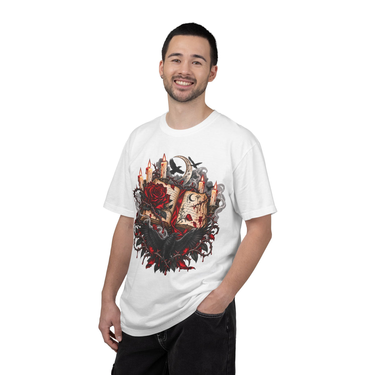 Occult Grimoire T-Shirt — Witchy Book, Rose & Candle Gothic Tee