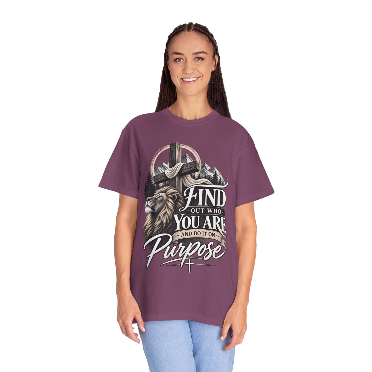 Find Out Who You Are Purpose T-Shirt — Inspirational Christian Mountain & Cross Tee