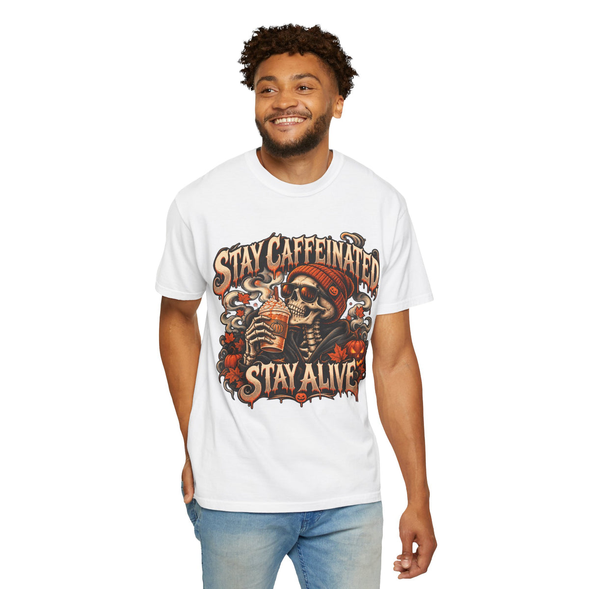Stay Caffeinated Stay Alive skull sipping coffee HIS T-Shirt | Halloween coffee tee
