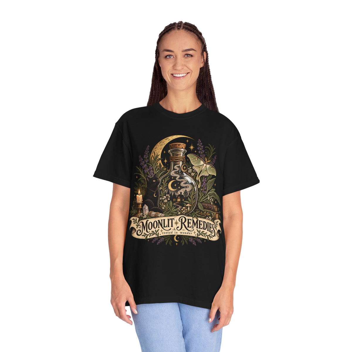 Moonlit Remedies T-Shirt — Vintage Apothecary Potion Graphic Tee