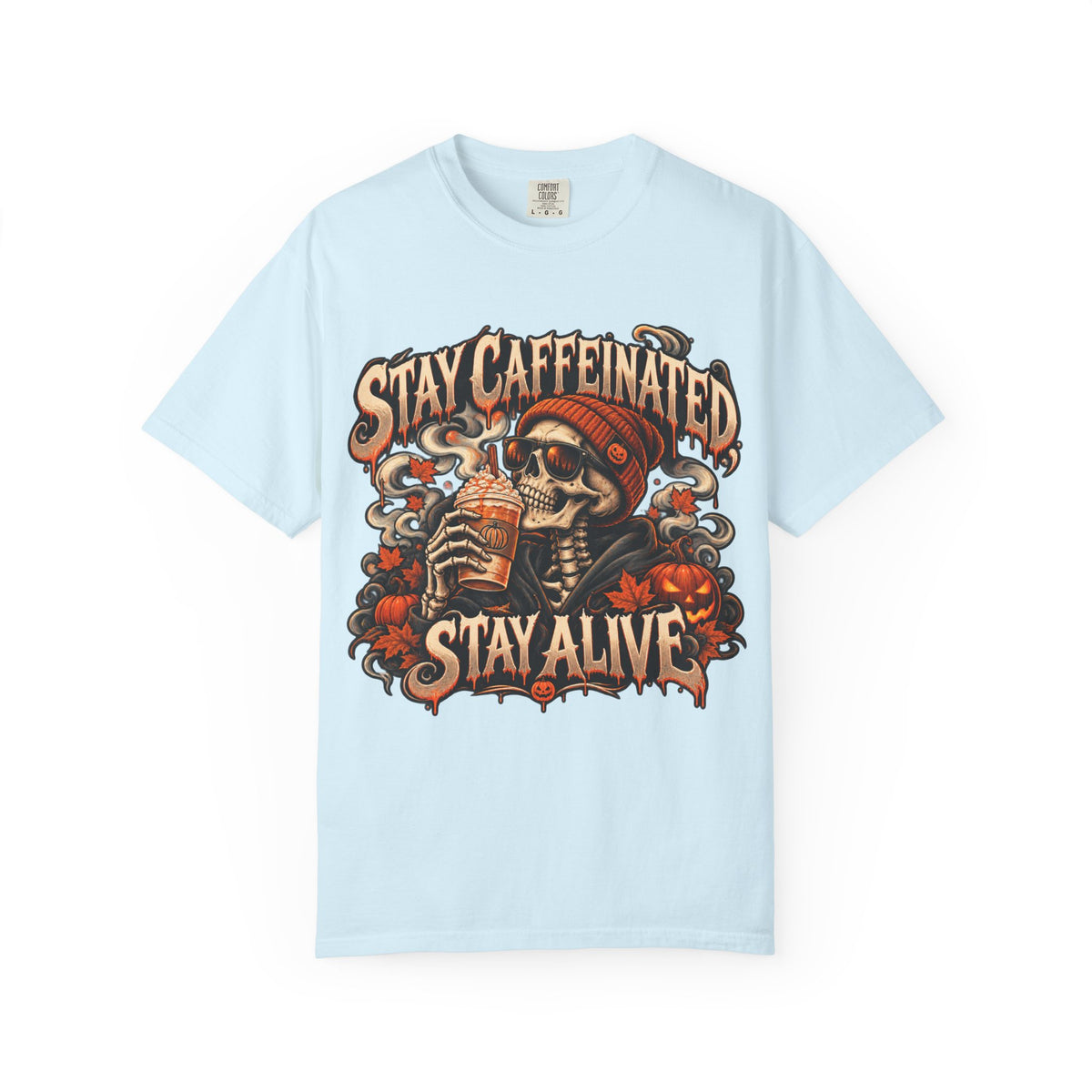 Stay Caffeinated Stay Alive skull sipping coffee HIS T-Shirt | Halloween coffee tee