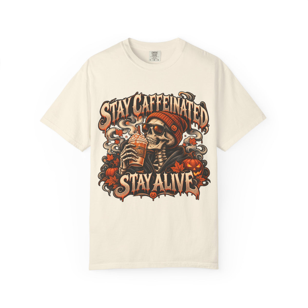 Stay Caffeinated Stay Alive skull sipping coffee HIS T-Shirt | Halloween coffee tee