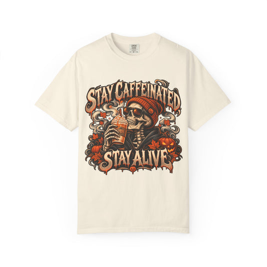 Stay Caffeinated Stay Alive skull sipping coffee HIS T-Shirt | Halloween coffee tee