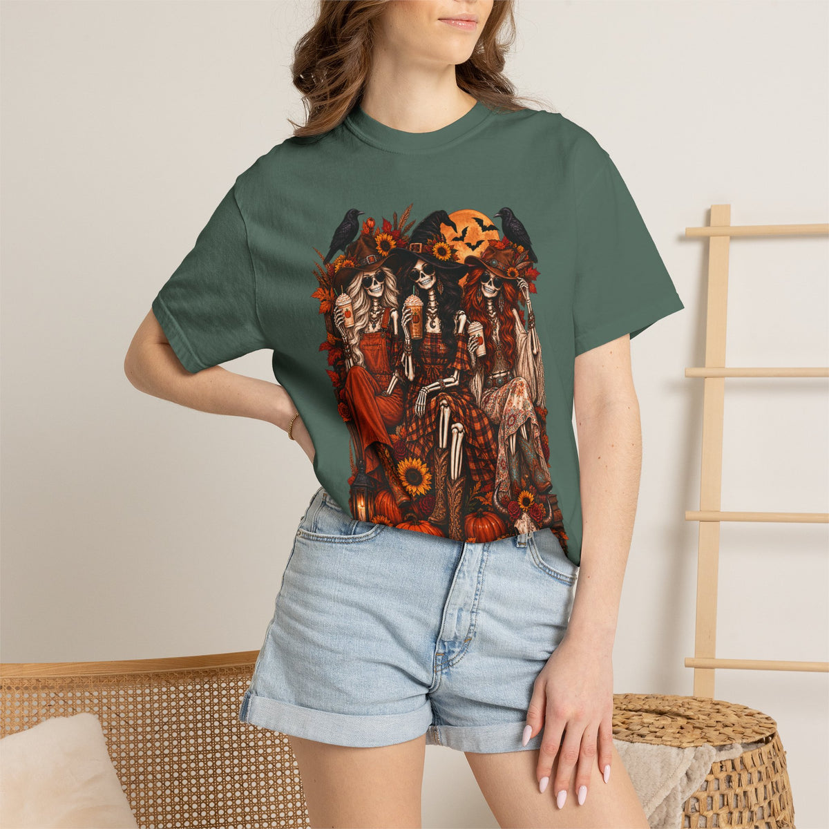 Autumn Witch Trio T-shirt | Halloween Pumpkin Sunflower Illustration