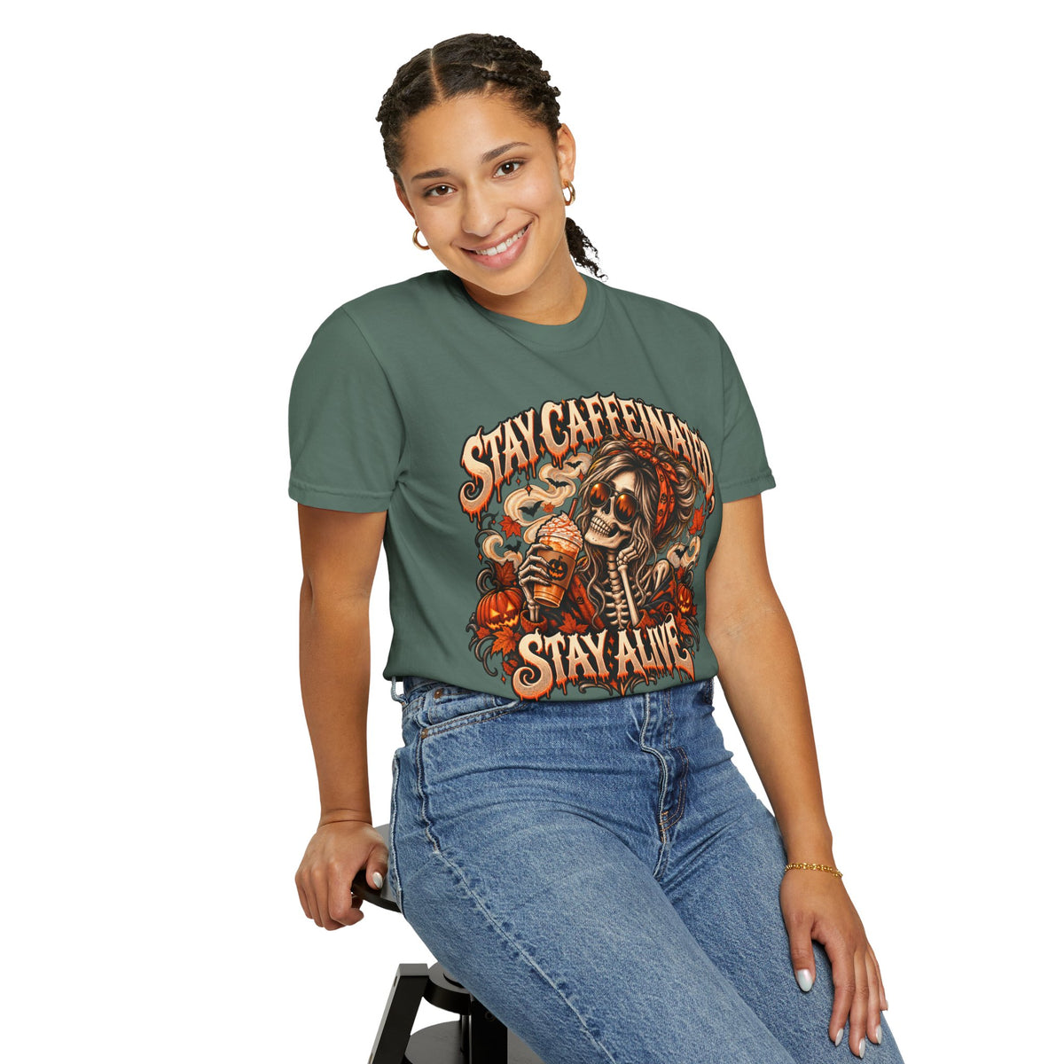 Stay Caffeinated Stay Alive Hers T-Shirt — Skeleton Coffee Graphic Tee