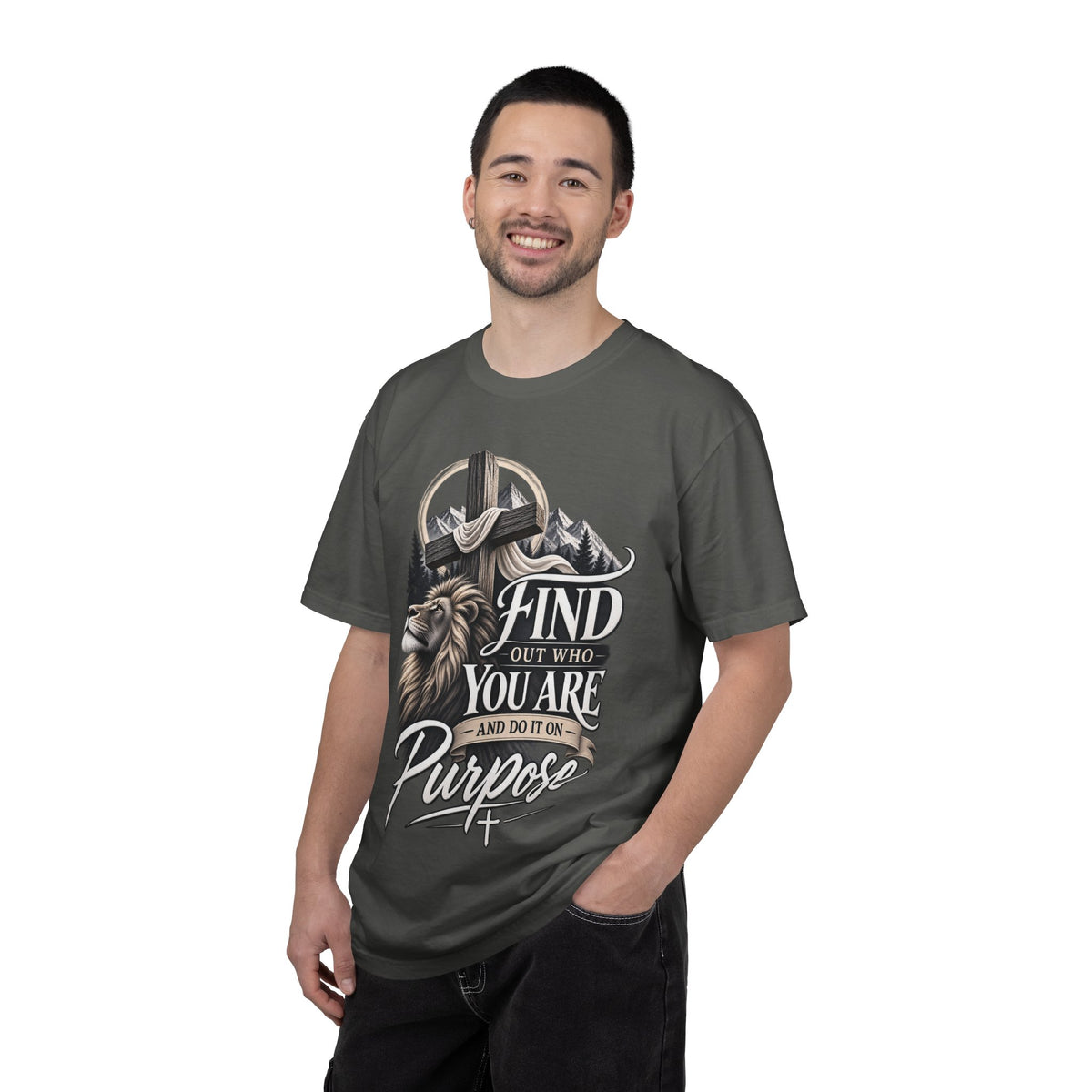 Find Out Who You Are Purpose T-Shirt — Inspirational Christian Mountain & Cross Tee