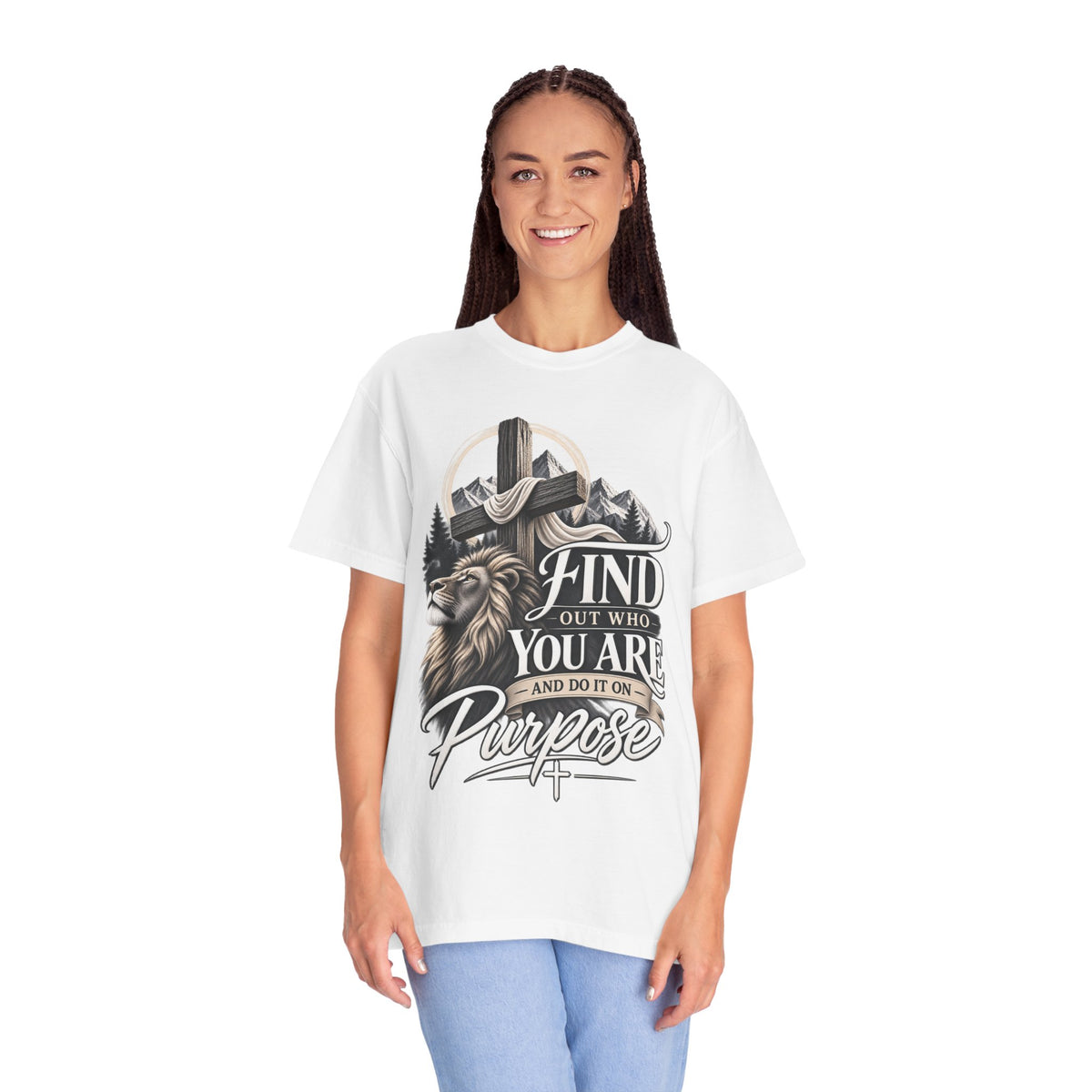 Find Out Who You Are Purpose T-Shirt — Inspirational Christian Mountain & Cross Tee