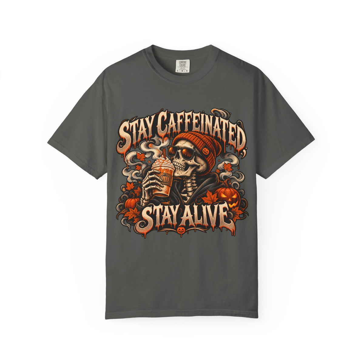Stay Caffeinated Stay Alive skull sipping coffee HIS T-Shirt | Halloween coffee tee