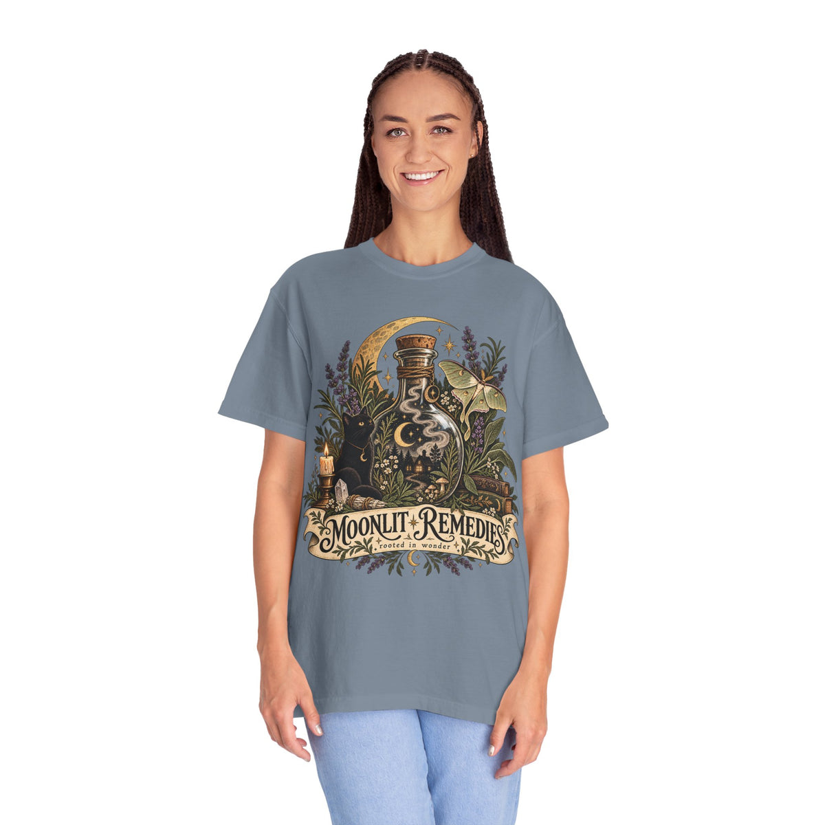 Moonlit Remedies T-Shirt — Vintage Apothecary Potion Graphic Tee