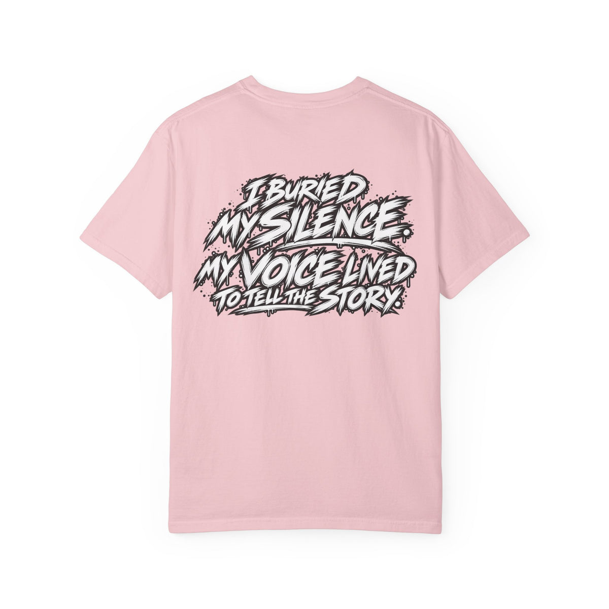 Graphic T-Shirt — "Smokeyy" with Back Text: "I Buried My Silence, My Voice Lined to Tell the Story" Inspiring Graphic