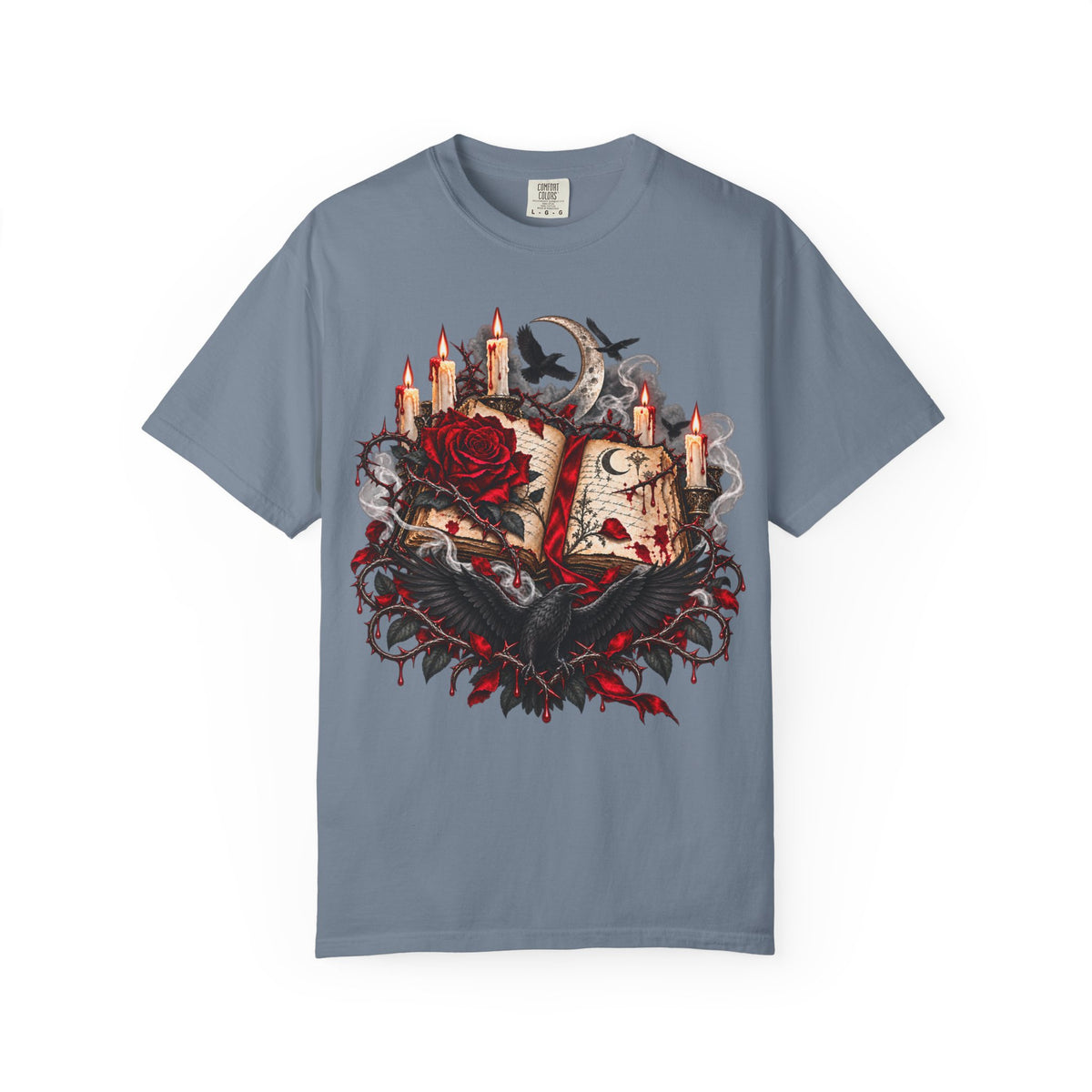 Occult Grimoire T-Shirt — Witchy Book, Rose & Candle Gothic Tee