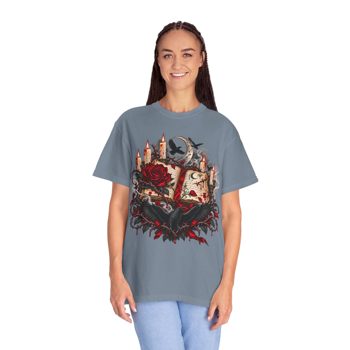Gothic Spellbook Tee — Rose, Candles & Raven Graphic T-Shirt