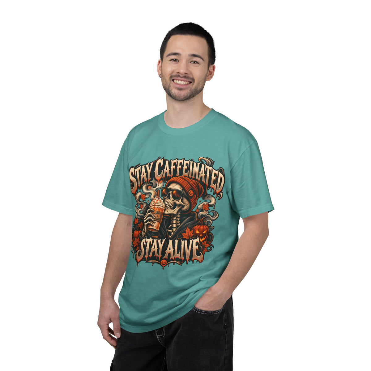 Stay Caffeinated Stay Alive skull sipping coffee HIS T-Shirt | Halloween coffee tee