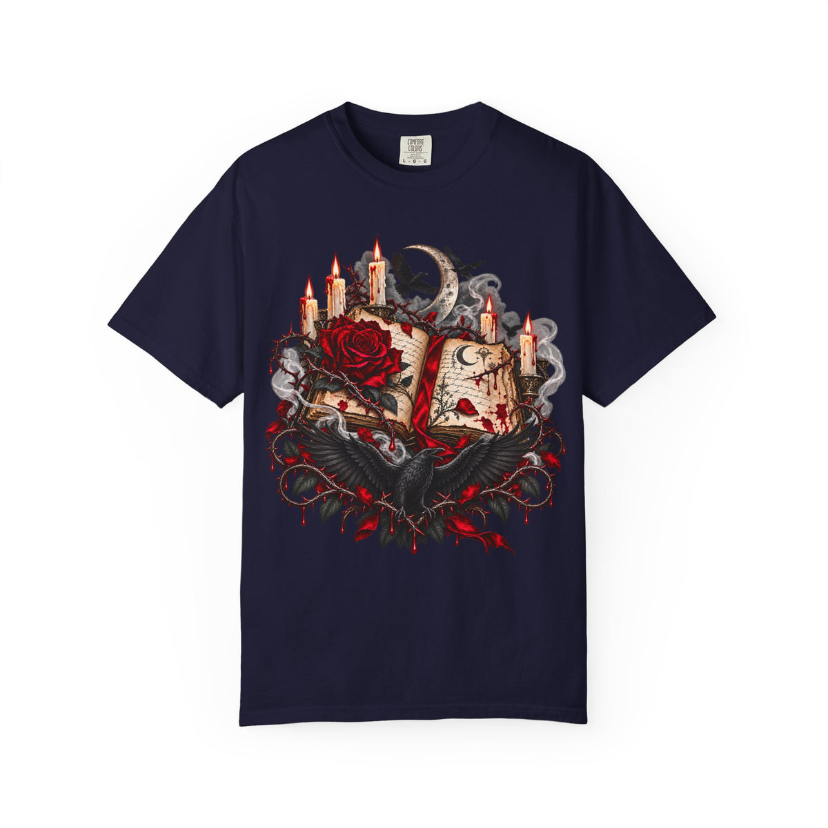 Gothic Spellbook Tee — Rose, Candles & Raven Graphic T-Shirt