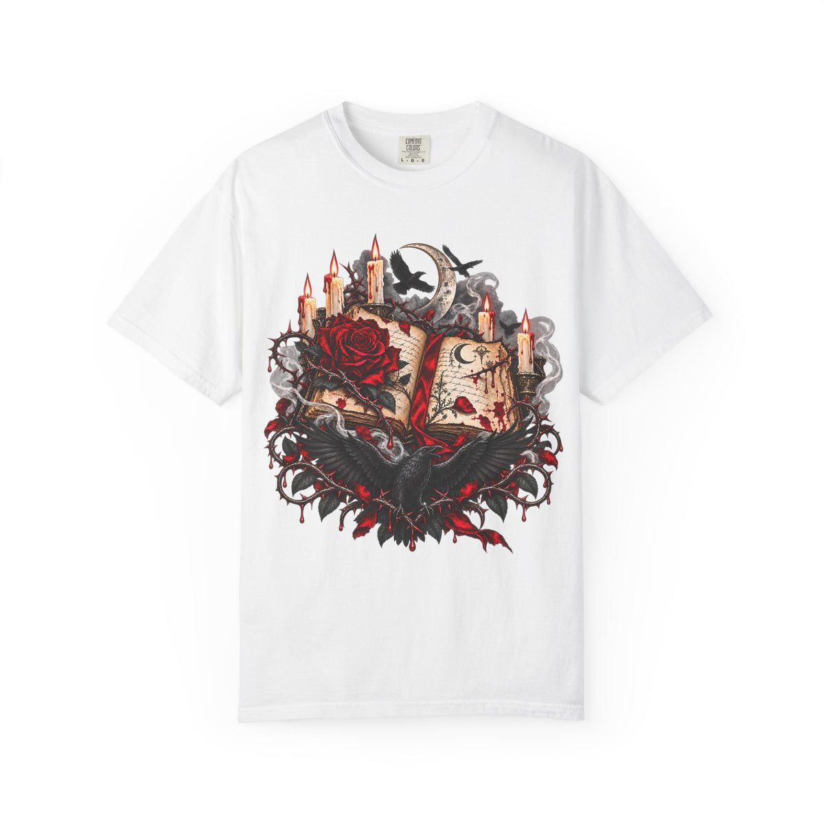 Gothic Spellbook Tee — Rose, Candles & Raven Graphic T-Shirt