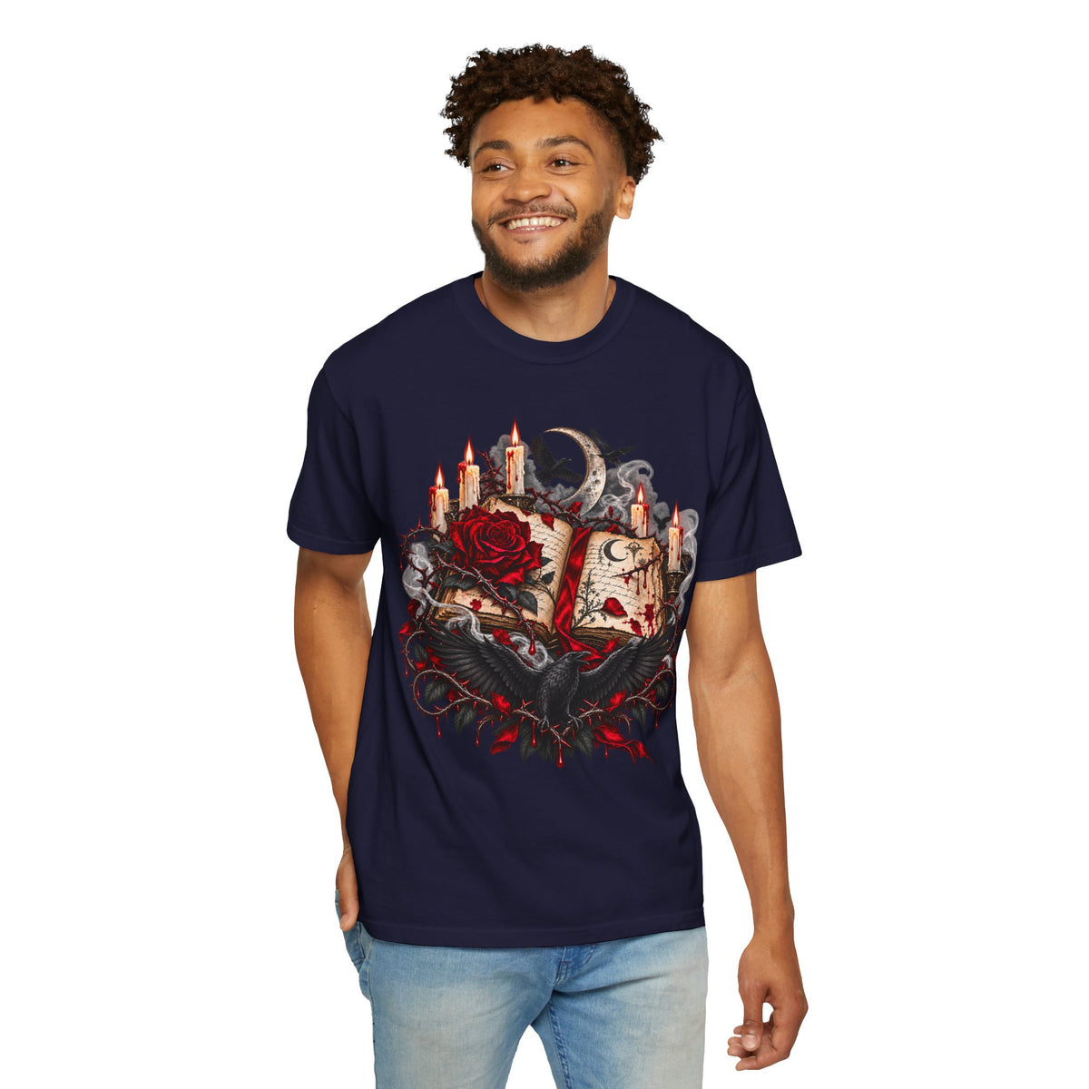 Gothic Spellbook Tee — Rose, Candles & Raven Graphic T-Shirt