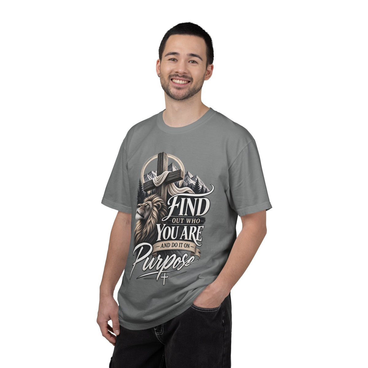 Find Out Who You Are Purpose T-Shirt — Inspirational Christian Mountain & Cross Tee