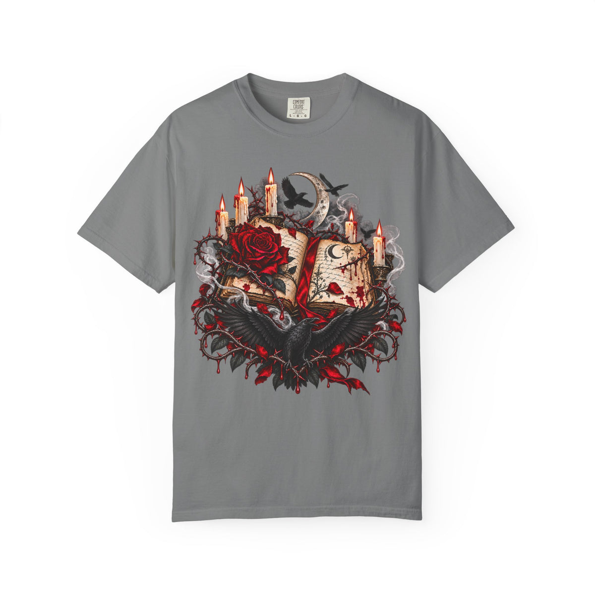 Occult Grimoire T-Shirt — Witchy Book, Rose & Candle Gothic Tee