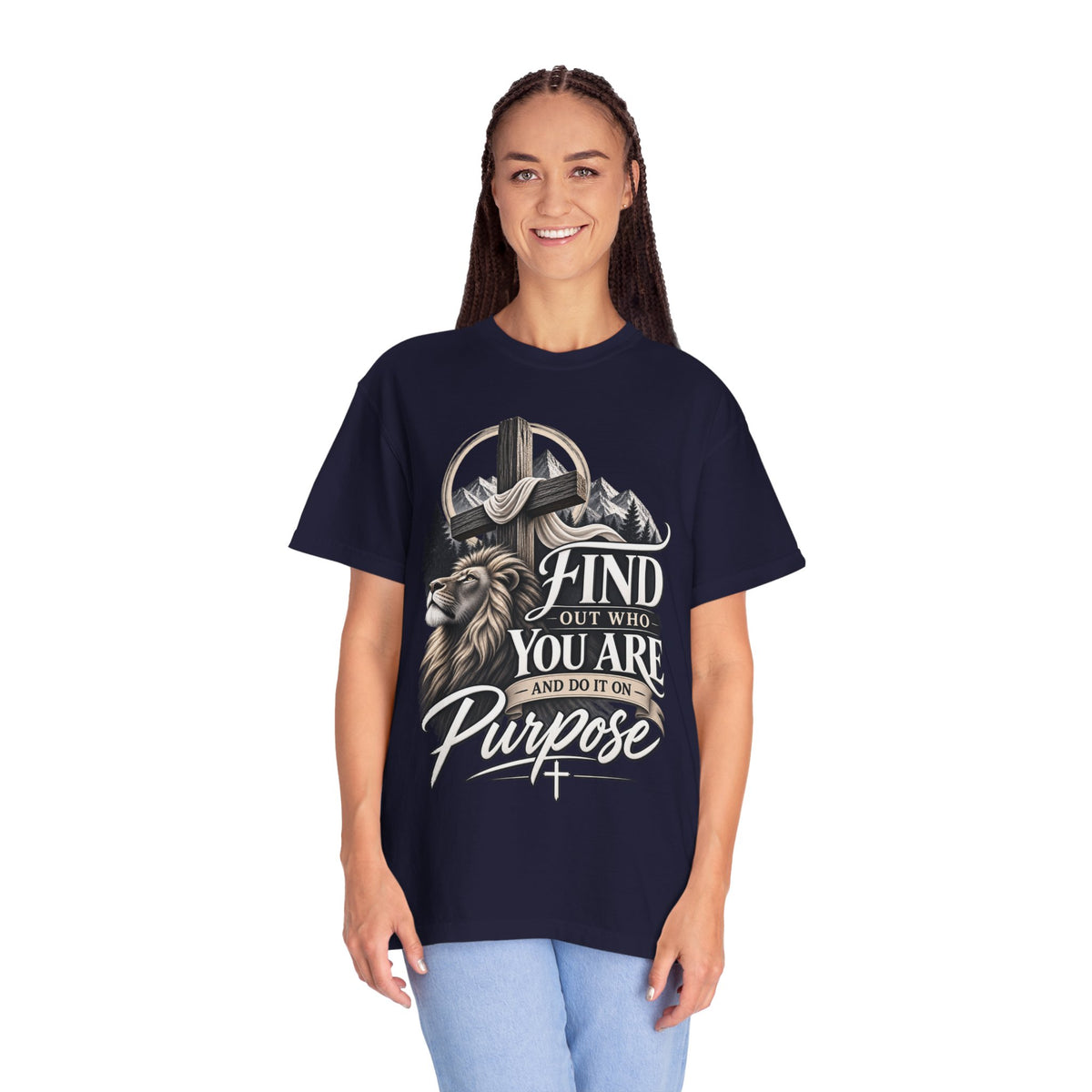 Find Out Who You Are Purpose T-Shirt — Inspirational Christian Mountain & Cross Tee